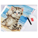 New Hot Sale Cute Kitten And Conch On Beach Diy Full Drill - 5D Cross Stitch Rhinestone Painting VM01199 - NEEDLEWORK KITS