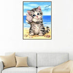 New Hot Sale Cute Kitten And Conch On Beach Diy Full Drill - 5D Cross Stitch Rhinestone Painting VM01199 - NEEDLEWORK KITS