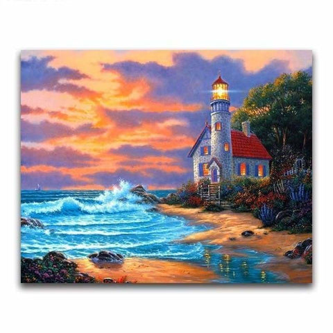 Oil Painting Style Landscape Lighthouse Decor Diy Full Drill